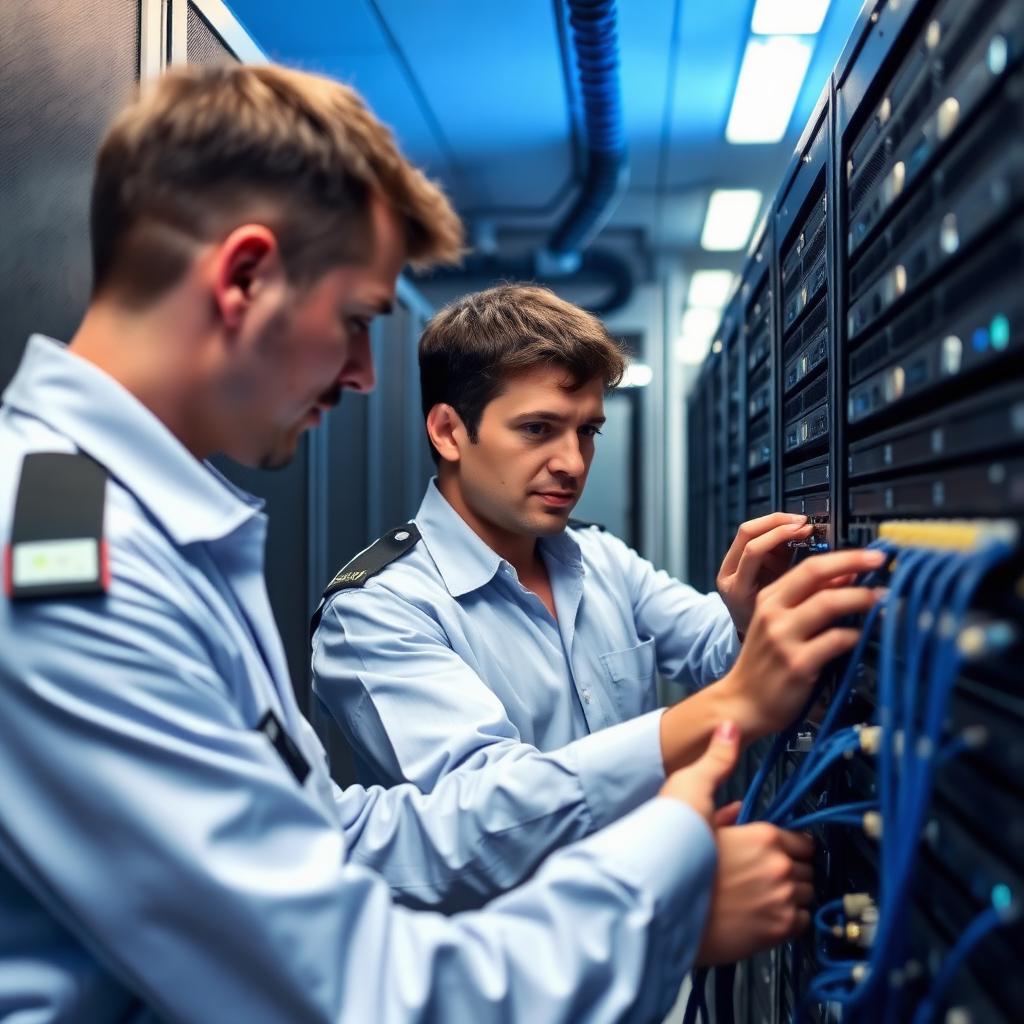In Situ Electronics technicians working on a network rack